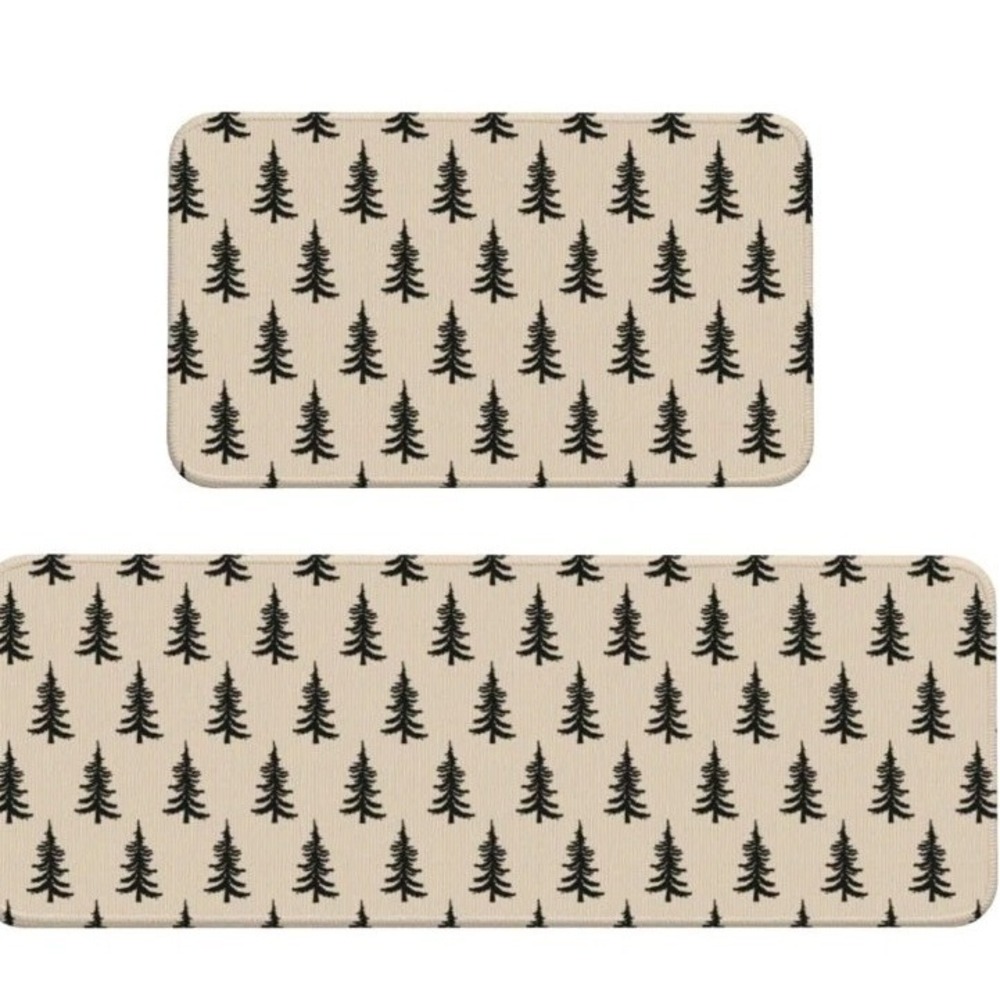 Kitchen Mat Set Of 2 Christmas‎ Print Black Mat With White Trees 17x29, 17x47
